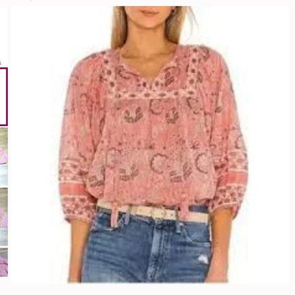 Cleobella Amaryllis Pink  Boho Blouse Top Tassel V Neck Print size Large - Picture 2 of 10